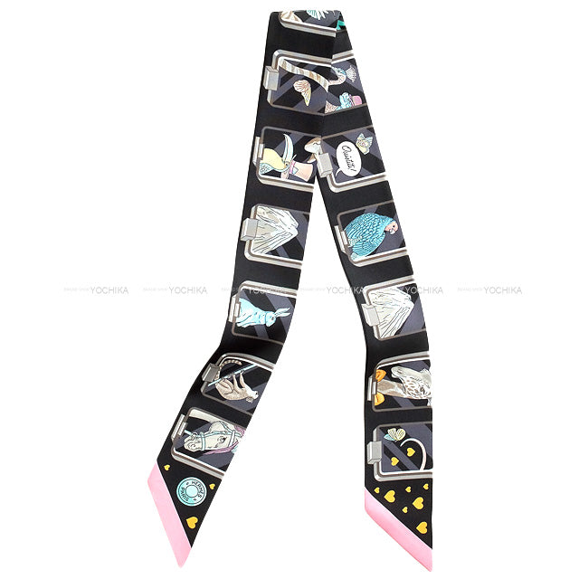 2023AW NEW HERMES scarf Twilly Hermes Story Black/Rose/Gris Silk100%[BRAND NEW][Authentic]