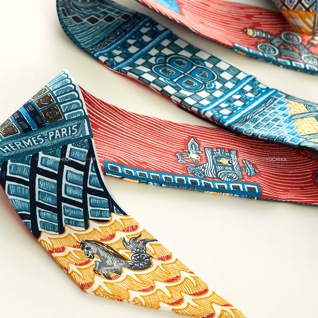 2023AW HERMES scarf Twilly Super Silk Quest Blue/Beige/Dre/Brun Cotton100%[BRAND NEW][Authentic]