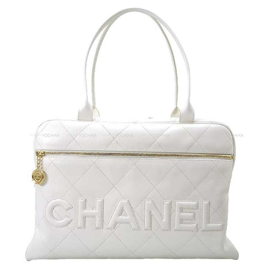 [Pre-loved] 2023 NEW Cruise CHANEL Boston bag Matelasse Logo Maxi Bowling bag Blanc (White) Calf Gold HW AS3718[LIKE NEW][Authentic]