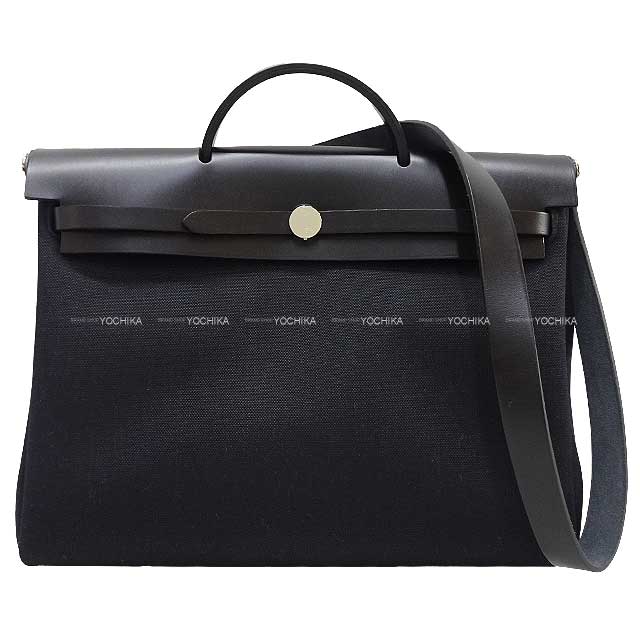 HERMES Messenger bag Herbag Zip Messenger 39 Noir (Black) Toile Militaire/Vache Hunter Pouch: W: 9.1 "H: 5.5" Silver HW Stamp W[ALMOST NEW][Authentic]