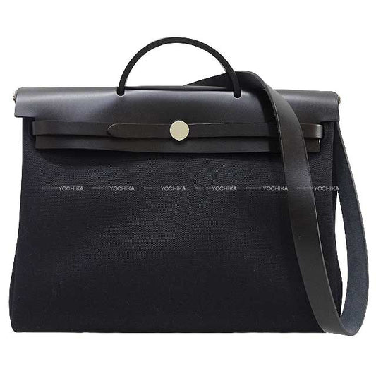 HERMES Messenger bag Herbag Zip Messenger 39 Noir (Black) Toile Militaire/Vache Hunter Pouch: W: 9.1 "H: 5.5" Silver HW Stamp W[ALMOST NEW][Authentic]