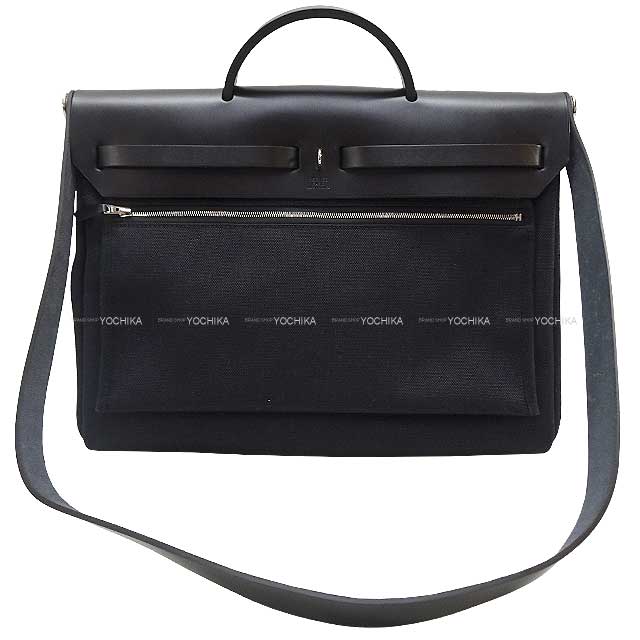 HERMES Messenger bag Herbag Zip Messenger 39 Noir (Black) Toile Militaire/Vache Hunter Pouch: W: 9.1 "H: 5.5" Silver HW Stamp W[ALMOST NEW][Authentic]