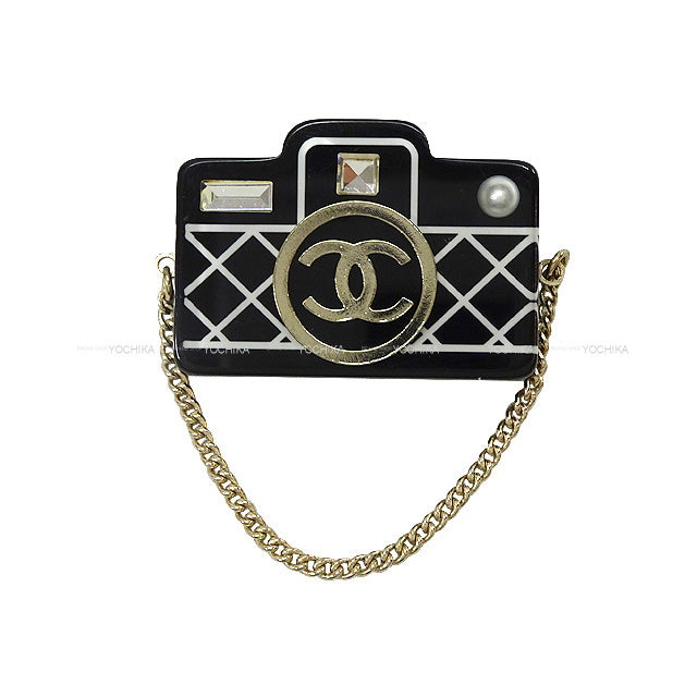 2019 CHANEL broach camera motif chain Coco Mark Noir (Black)/Blanc (White) Resin/Rhineston/Pearl Gold HW D19C[EXCELLENT][Authentic]