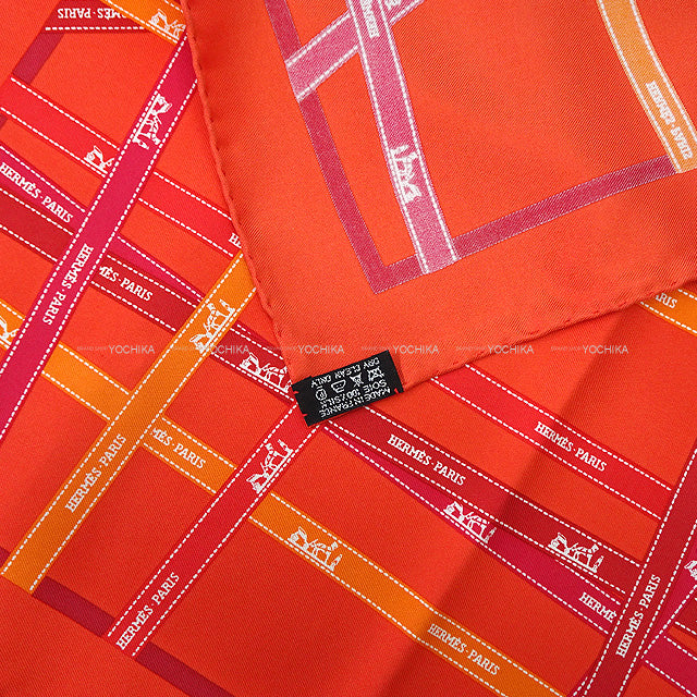 HERMES scarf Carre 45 Gavroche Bolduc Rouge/Orange Silk100%[EXCELLENT][Authentic]