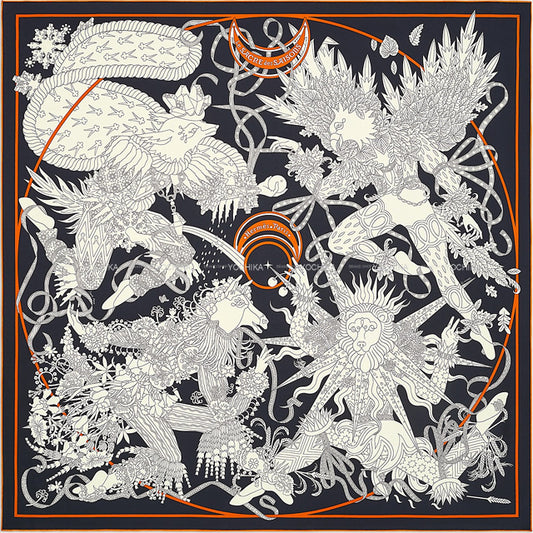 HERMES scarf Carre 90 Le Sacre des Bleu Noir/Creme/Potiron Silk100%[BRAND NEW][Authentic]