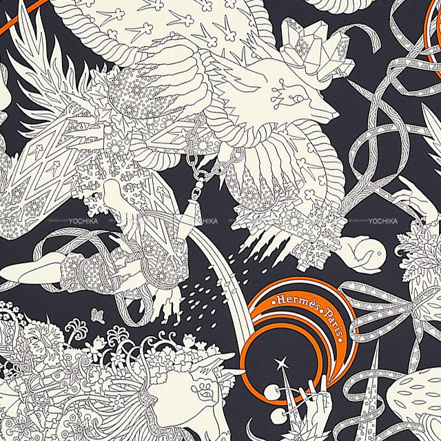HERMES scarf Carre 90 Le Sacre des Bleu Noir/Creme/Potiron Silk100