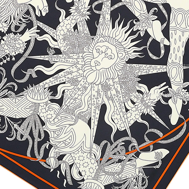 HERMES scarf Carre 90 Le Sacre des Bleu Noir/Creme/Potiron Silk100%[BRAND NEW][Authentic]