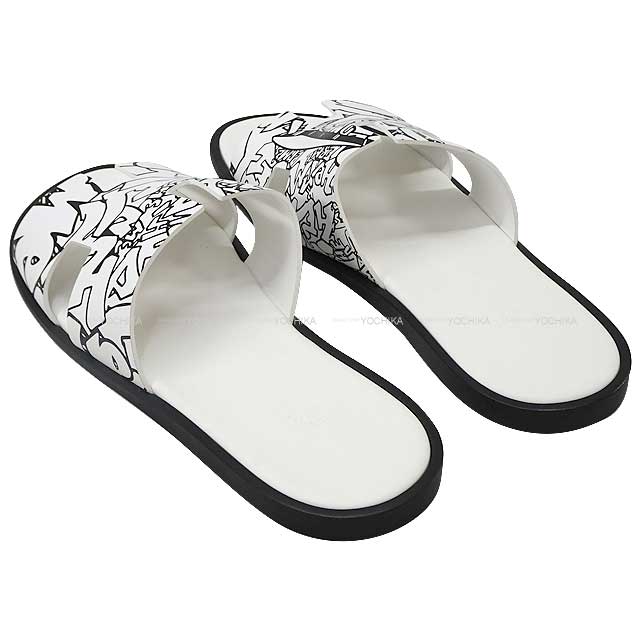 HERMES sandals Izmir Graffiti Hermes White/Black Calf #44[BRAND NEW][Authentic]