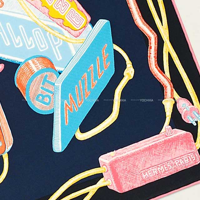 HERMES scarf Carre 45 Gavroche Chevaloscope Neon Marine/Rose/Jaune
