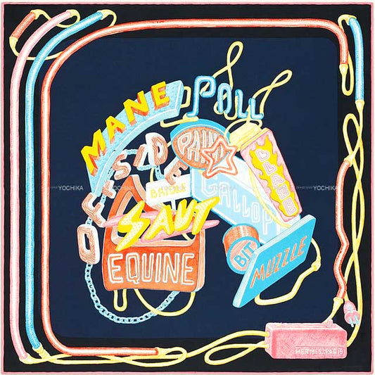 HERMES scarf Carre 45 Gavroche Chevaloscope Neon Marine/Rose/Jaune Silk100%[BRAND NEW][Authentic]