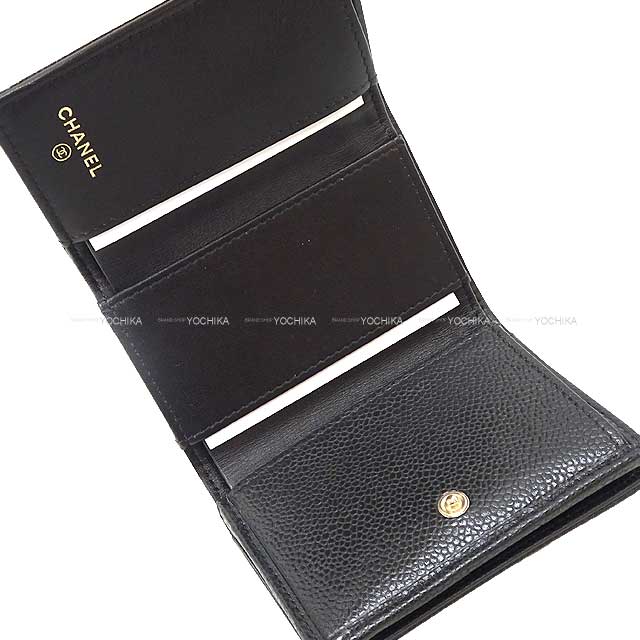 CHANEL Tri-fold wallet Double-stitched COCO mark trifold compact  Noir (Black) Graind Calf(Caviarskin) Champagne Gold HW A70796[EXCELLENT][Authentic]