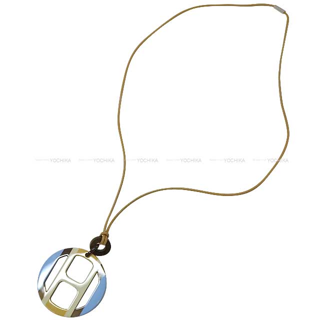 HERMES necklace H Equipe Pendant Beige Crin/Bleu Chardon Buffalo horn Silver HW[BRAND NEW][Authentic]