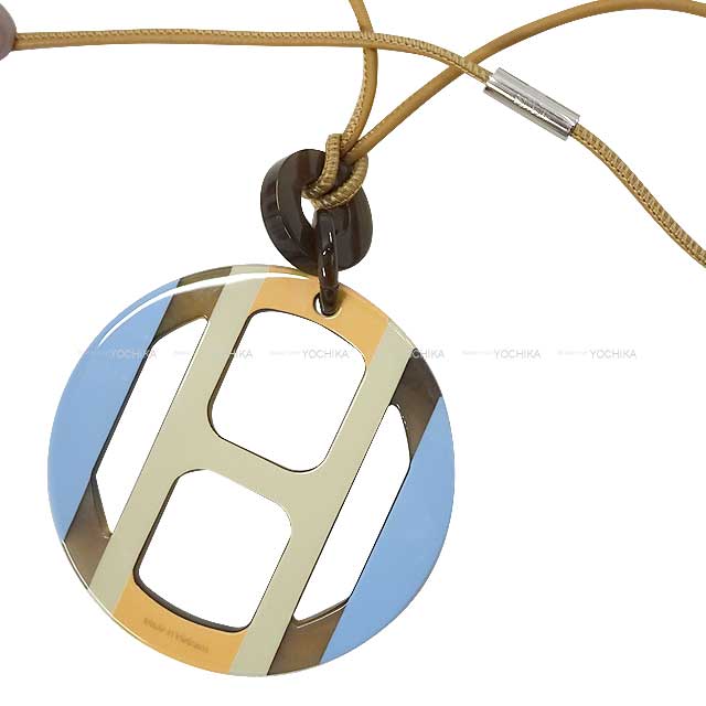 HERMES necklace H Equipe Pendant Beige Crin/Bleu Chardon Buffalo horn Silver HW[BRAND NEW][Authentic]