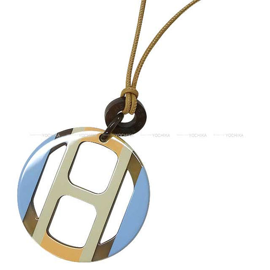 HERMES necklace H Equipe Pendant Beige Crin/Bleu Chardon Buffalo horn Silver HW[BRAND NEW][Authentic]