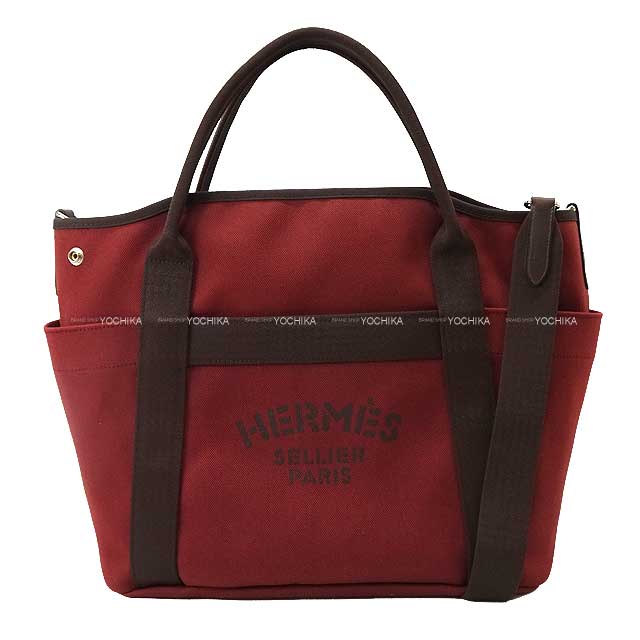 HERMES Shoulder bag Sac de Pansage Groom Rouge H/Chocolat Toile chevron/Bridle Leather Silver HW Stamp B[EXCELLENT][Authentic]