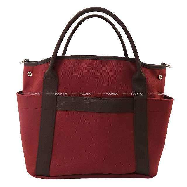 HERMES Shoulder bag Sac de Pansage Groom Rouge H/Chocolat Toile chevron/Bridle Leather Silver HW Stamp B[EXCELLENT][Authentic]