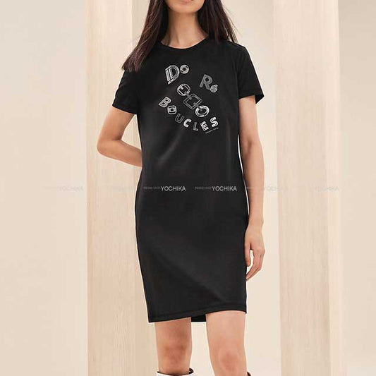 2023 AW NEW HERMES Short sleeve t shirt Ladies One‐piece Dress Do Re Boucles Print #36 Noir (Black)/Blanc (White) Cotton100%[BRAND NEW][Authentic]