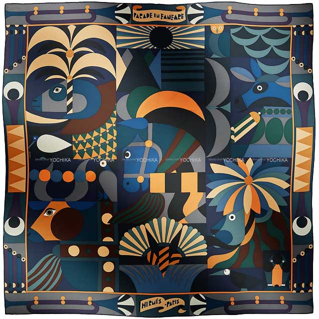 2023 AW NEW HERMES scarf Carre 90 Parade en Fanfare Bleu Nuit/Beige/Vert Sapin Silk100%[BRAND NEW][Authentic]