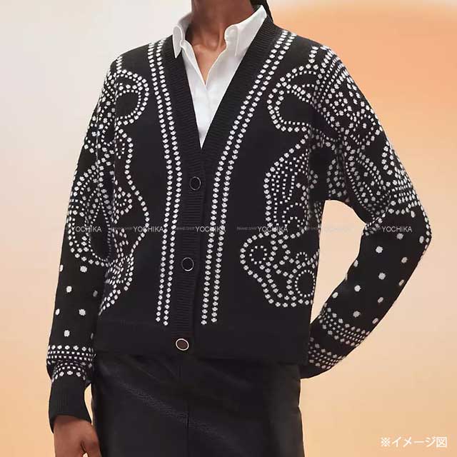 2023 SS NEW HERMES Cardigan Long Sleeve Brides de Gala embroidered #34 Noir (Black)/Blanc (White) Cashmere 63%/Cotton 35%/Polyamide 2%[BRAND NEW][Authentic]