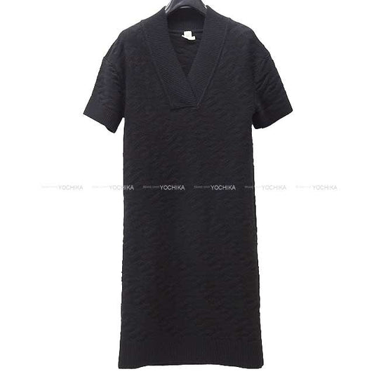 2022 SS HERMES One‐piece dress Ladies V Neck Half Sleeve Knit H Motif Rib #34 Noir (Black) Virgin wool 100%[EXCELLENT][Authentic]