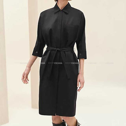 2023 SS NEW HERMES One‐piece dress Three-quarter Sleeves With Belt Shirt Dress Caleche embroidered Pocket #38 Noir (Black) Cotton100%[BRAND NEW][Authentic]