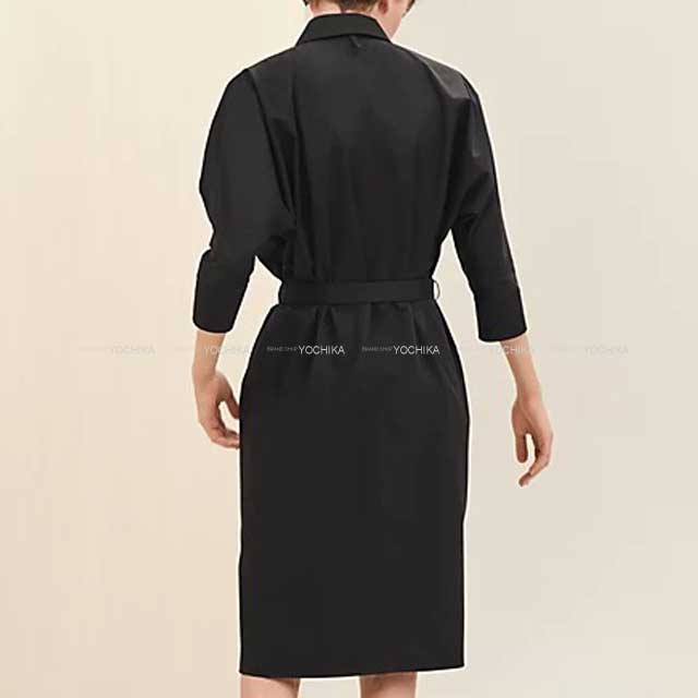 2023 SS NEW HERMES One‐piece dress Three-quarter Sleeves With Belt Shirt Dress Caleche embroidered Pocket #38 Noir (Black) Cotton100%[BRAND NEW][Authentic]