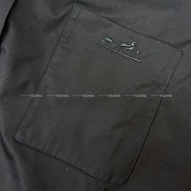 2023 SS NEW HERMES One‐piece dress Three-quarter Sleeves With Belt Shirt Dress Caleche embroidered Pocket #38 Noir (Black) Cotton100%[BRAND NEW][Authentic]