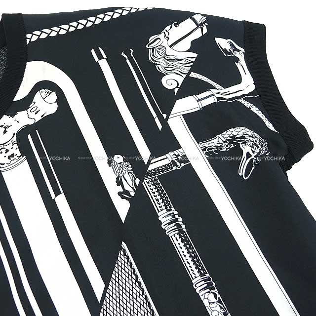 2021 HERMES Short sleeve t shirt Twillaine Cannes et Cannes #36 Noir (Black)/Blanc (White) Silk100%[EXCELLENT][Authentic]