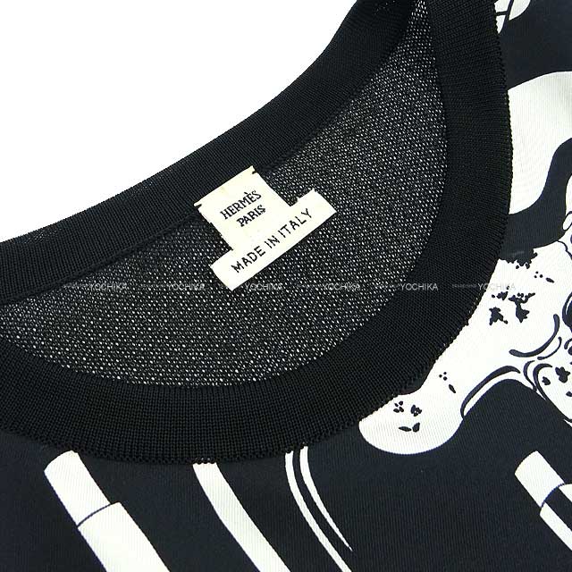 2021 HERMES Short sleeve t shirt Twillaine Cannes et Cannes #36 Noir (Black)/Blanc (White) Silk100%[EXCELLENT][Authentic]