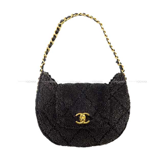 2023AW CHANEL Shoulder bag Chain Around Matelasse Flap Hobo Fur Boa Mouton Charcoal gray/Black Sheepskin Antique Gold HW[EXCELLENT][Authentic]