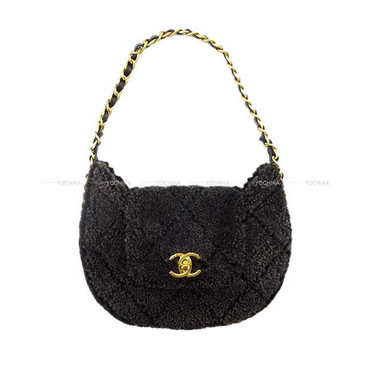 2023AW CHANEL Shoulder bag Chain Around Matelasse Flap Hobo Fur Boa Mouton Charcoal gray/Black Sheepskin Antique Gold HW[EXCELLENT][Authentic]