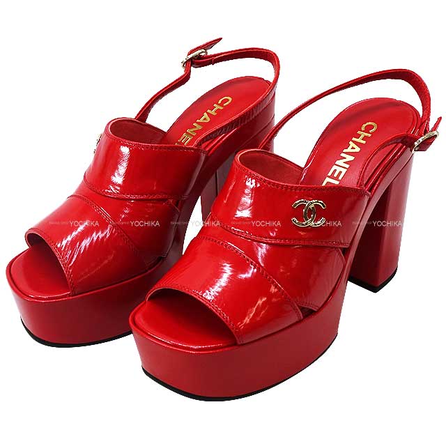 2023 AW NEW CHANEL sandals Ladies Crumpled Double-soled COCO Mark Red Patent Lambskin #37 Silver HW G45016[EXCELLENT][Authentic]