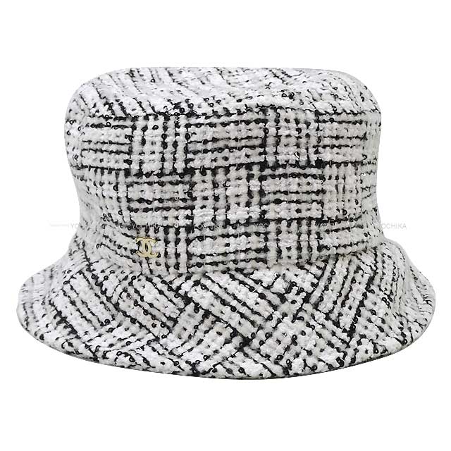 2023 AW CHANEL hat Bucket hat COCO Mark Sequins #S Blanc (White)/Noir (Black) Champagne Gold HW[EXCELLENT][Authentic]