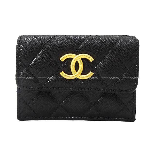 2023 AW CHANEL Tri-fold wallet COCO Mark Matelasse Noir (Black)/Purple Graind Calf(Caviarskin) Gold HW AP3518[BRAND NEW][Authentic]