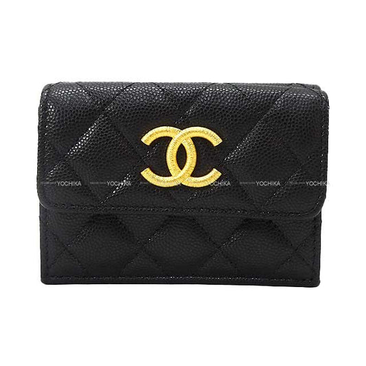 2023 AW CHANEL Tri-fold wallet COCO Mark Matelasse Noir (Black)/Purple Graind Calf(Caviarskin) Gold HW AP3518[BRAND NEW][Authentic]