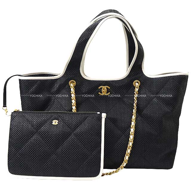 2023 COCO Beach Collection CHANEL tote bag Matelasse COCO Mark Chain Large Shopping Noir (Black)/Blanc (White) Raffia / Calfskin Mat Gold HW[EXCELLENT][Authentic]