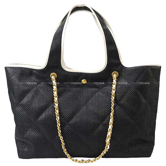 2023 COCO Beach Collection CHANEL tote bag Matelasse COCO Mark Chain Large Shopping Noir (Black)/Blanc (White) Raffia / Calfskin Mat Gold HW[EXCELLENT][Authentic]