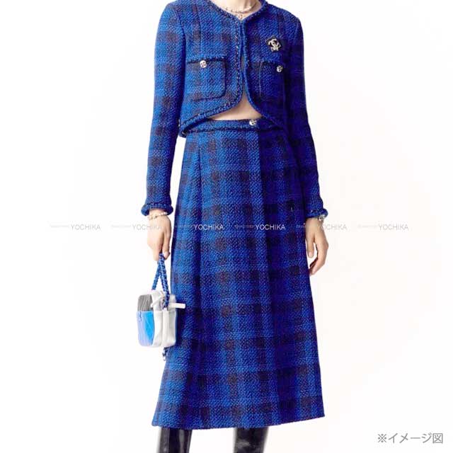 2023 SS CHANEL skirt Cross COCO Circle Button Check Tweed Midi #34 Blue Tweed P74430[EXCELLENT][Authentic]