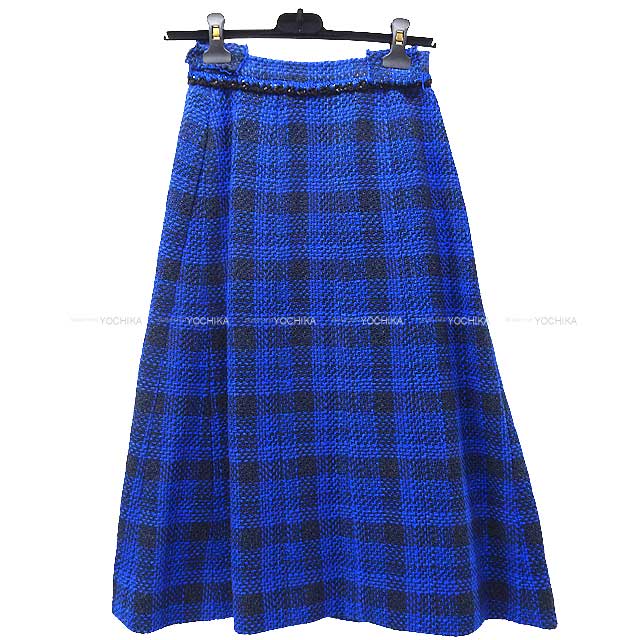 2023 SS CHANEL skirt Cross COCO Circle Button Check Tweed Midi #34 Blue Tweed P74430[EXCELLENT][Authentic]