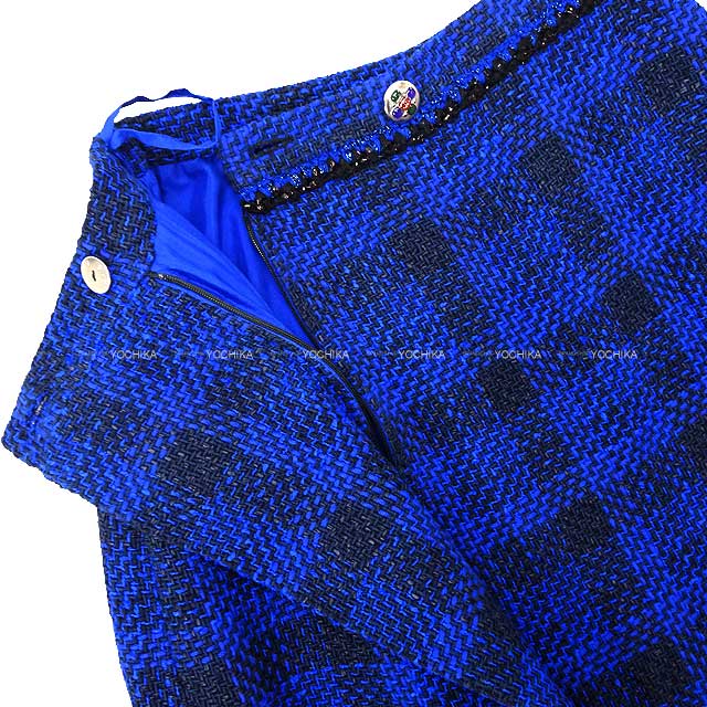 2023 SS CHANEL skirt Cross COCO Circle Button Check Tweed Midi #34 Blue Tweed P74430[EXCELLENT][Authentic]