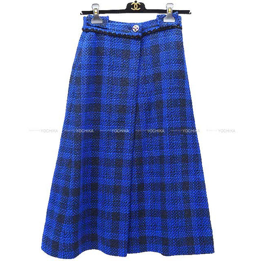 2023 SS CHANEL skirt Cross COCO Circle Button Check Tweed Midi #34 Blue Tweed P74430[EXCELLENT][Authentic]