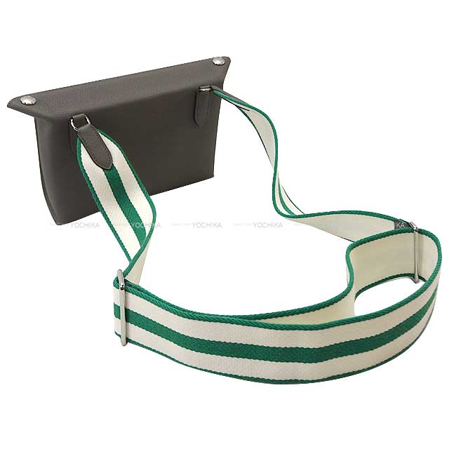 HERMES Shoulder bag Cross body bag Videpoches H logo punching Evelyn Etain/Vert Vertigo Veau Togo Toile Silver HW Stamp B[EXCELLENT][Authentic]