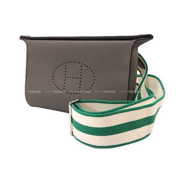 HERMES Shoulder bag Cross body bag Videpoches H logo punching Evelyn Etain/Vert Vertigo Veau Togo Toile Silver HW Stamp B[EXCELLENT][Authentic]