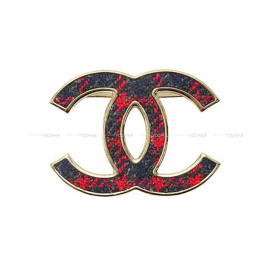 2022 AW CHANEL broach Big COCO Mark Hound’s tooth Plaid Tweed Gold/Navy/Red Gold HW AB9482[EXCELLENT][Authentic]