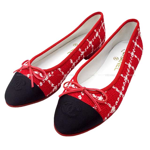 CHANEL pumps COCO Mark Ribbon Ballerina Shoes #37 1/2C Red/Blanc (White)/Noir (Black) Tweed #37 1/2 G02819[EXCELLENT][Authentic]