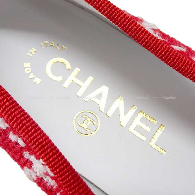 CHANEL pumps COCO Mark Ribbon Ballerina Shoes #37 1/2C Red/Blanc (White)/Noir (Black) Tweed #37 1/2 G02819[EXCELLENT][Authentic]