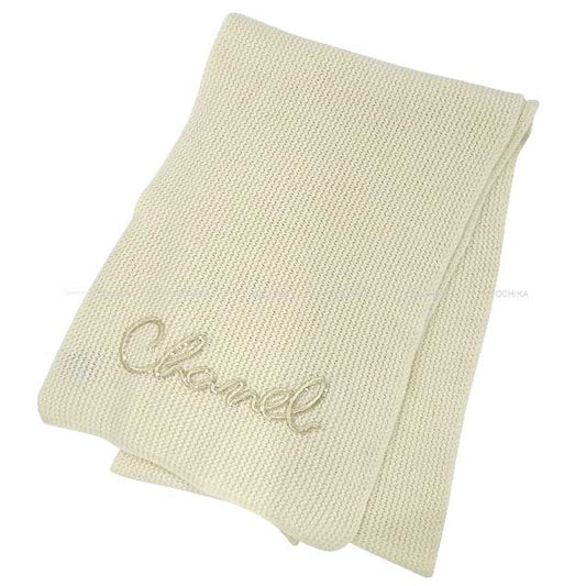 [Pre-loved] CHANEL muffler Stole Logo Embroidery Sequins  Blanc (White) Cashmere100% AA8312[LIKE NEW][Authentic]