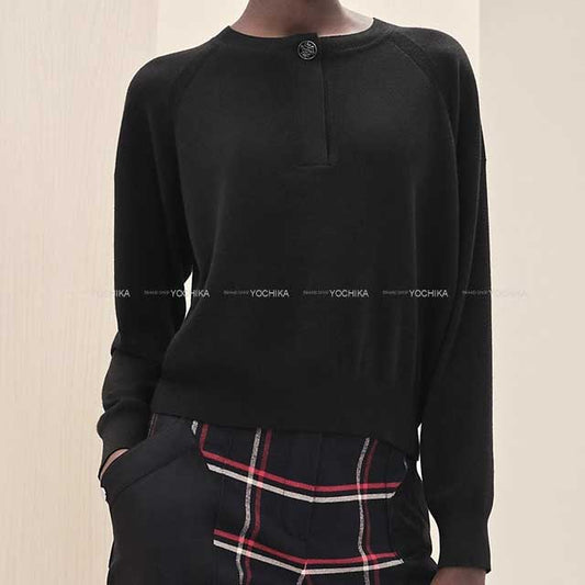 2023 AW NEW HERMES Knit Ladies Ex-Libris Logo Button Long Sleeve Polo Sweater #36 Noir (Black) Cashmere50% / Silk50%[EXCELLENT][Authentic]