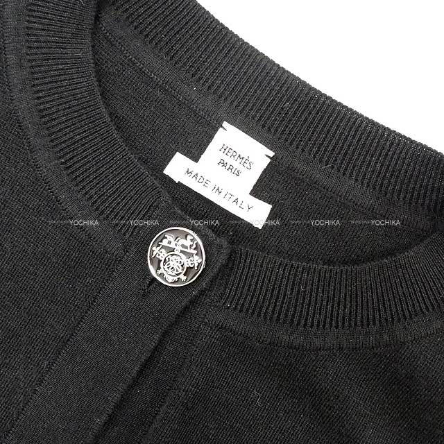 2023 AW NEW HERMES Knit Ladies Ex-Libris Logo Button Long Sleeve Polo Sweater #36 Noir (Black) Cashmere50% / Silk50%[EXCELLENT][Authentic]