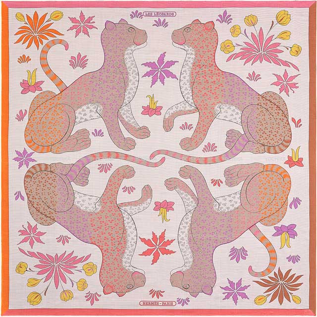 HERMES scarf Carre 140 LES LEOPARDS Orange/Rose/Violin Silk Mousseline100%[EXCELLENT][Authentic]